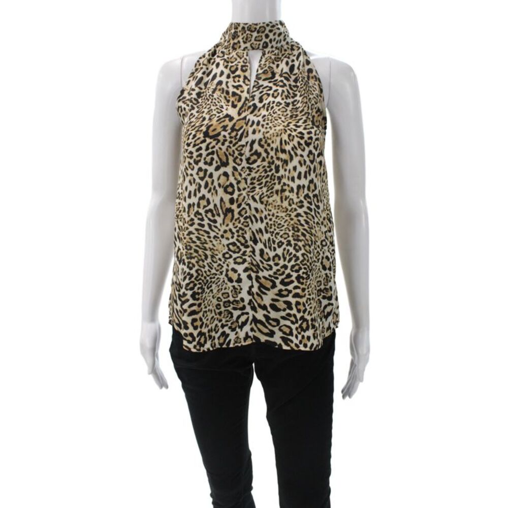 Drew Womens Halter Animal Print Sleeveless Beige Button Blouse Size XS